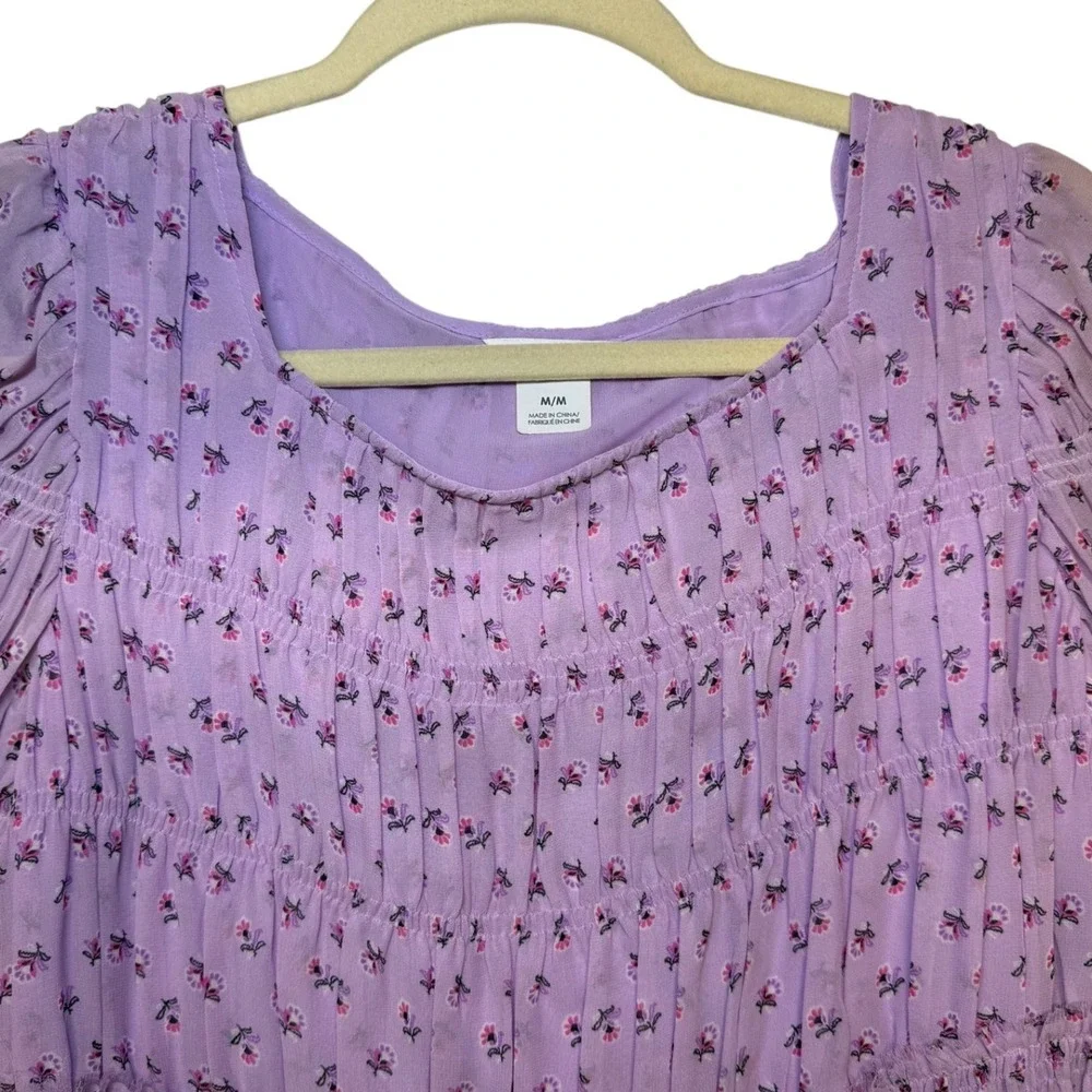Club Monaco Purple Floral Smocked Chiffon Blouse Medium Ruffle Tiered Top